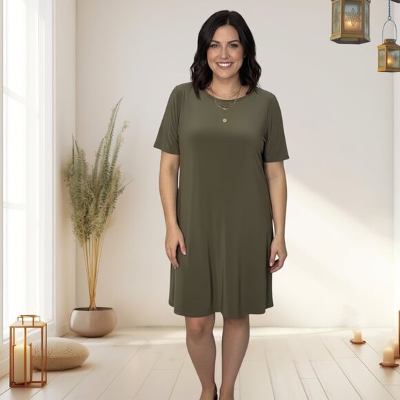 Sympli Trapeze Dress Short Sleeve Size 14 NWT Olive Green Knit Stretch Mod Minim - Picture 1 of 12